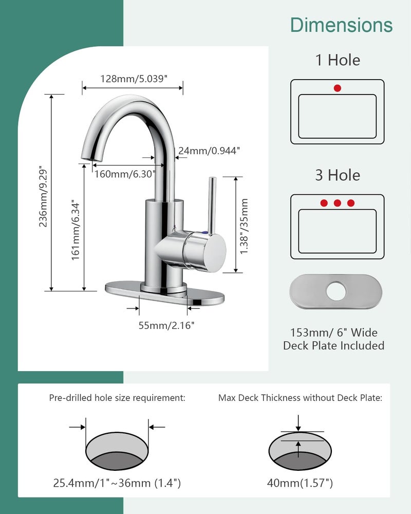 RKF Single-Handle Swivel Spout Bathroom Sink Faucet with Pop-up Drain with Overflow and Supply Hose,Bar Sink Faucet,Small Kitchen Faucet Tap,Chrome Polished,BF3501P-CP2 - Image 2